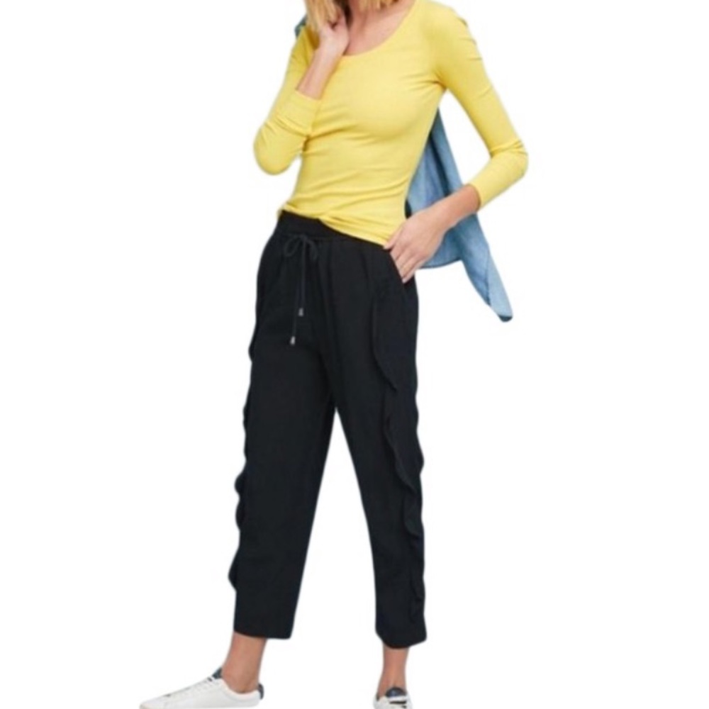 Anthropologie Black Drawstring Pants with Ruffle Front Detail